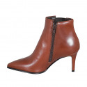 Woman's pointy ankle boot in cognac brown leather with elastic and zipper heel 7 - Available sizes:  32, 42, 43, 44, 46