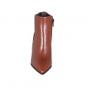 Woman's pointy ankle boot in cognac brown leather with elastic and zipper heel 7 - Available sizes:  32, 42, 43, 44, 46