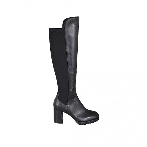 Bottes au genou en cuir et tissu élastique noir avec demi fermeture éclair talon 7 - Pointures disponibles:  32