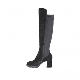 Woman's knee-high boot in black suede and elastic fabric with half zipper heel 7 - Available sizes:  32, 33, 34, 35, 43, 44, 45 2