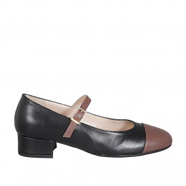 Woman's Mary Jane with rounded tip and strap in black and brown leather heel 3 - Available sizes: 33, 44