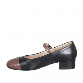 Woman's Mary Jane with rounded tip and strap in black and brown leather heel 3 - Available sizes:  33, 44 2