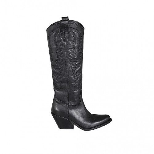 Bota tejana para mujer con cremallera y bordado en piel negra tacon 7 - Tallas disponibles:  33, 34