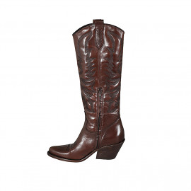 Bottes Texan pour femmes avec fermeture éclair et broderie en cuir marron talon 7 - Pointures disponibles:  33, 34 2