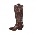 Bota tejana para mujer con cremallera y bordado en piel marron tacon 7 - Tallas disponibles:  33, 34