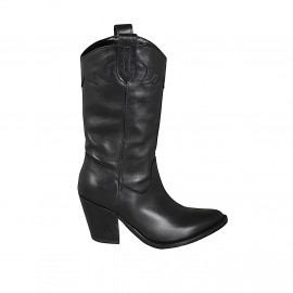 Woman's Texan boot with half zipper and embroidery in black leather heel 8 - Available sizes:  32, 33, 43, 44