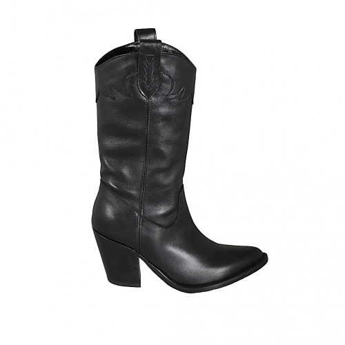 Bottes Texan pour femmes avec demi fermeture éclair et broderie en cuir noir talon 8 - Pointures disponibles:  32, 33, 43, 44