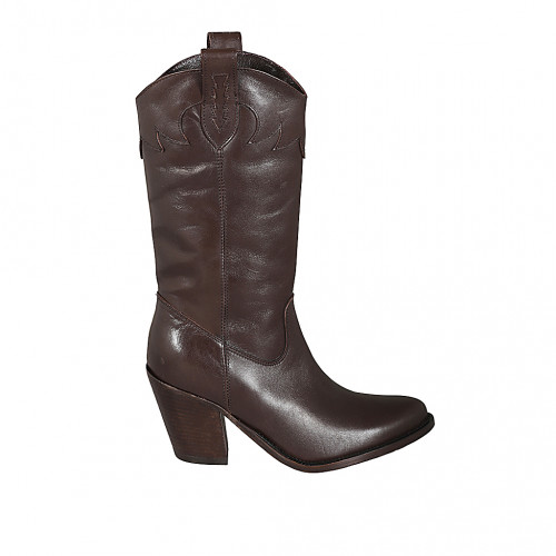 Bottes Texan pour femmes avec demi fermeture éclair et broderie en cuir marron talon 8 - Pointures disponibles:  32