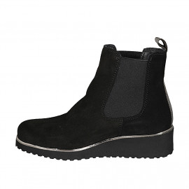 Woman's ankle boot with elastic in black suede and grey laminated leather wedge heel 4 - Available sizes:  33, 35, 42 2