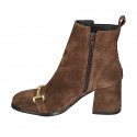Woman's squared tip ankle boot with zipper and accessory in brown suede heel 6 - Available sizes:  42, 45