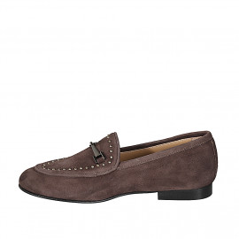 Woman's moccasin shoe with studs and accessory in taupe suede heel 1 - Available sizes:  32, 35, 42, 43, 44 2