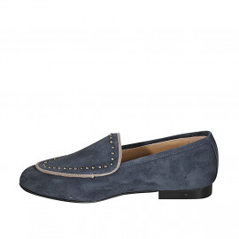 Woman's moccasin shoe with studs in blue suede heel 1 - Available sizes:  32, 35, 42, 43, 46 2