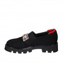 Woman's highfronted shoe with accessory in black, spotted and red suede and black elastic fabric heel 4 - Available sizes:  33, 45
