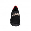 Woman's highfronted shoe with accessory in black, spotted and red suede and black elastic fabric heel 4 - Available sizes:  33, 45