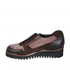 Zapato con cordones y cremalleras para mujer en piel, gamuza y charol marron cuña 4 - Tallas disponibles:  32 2