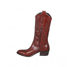 Bottes Texan pour femmes avec demi fermeture éclair et broderie en cuir cognac talon 5 - Pointures disponibles:  32 2