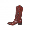 Woman's Texan boot with half zipper and embroidery in cognac brown leather heel 5 - Available sizes:  32, 33, 45