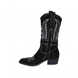 Bottes Texan pour femmes avec demi fermeture éclair, boucle avec strass et broderie blanc en daim noir talon 5 - Pointures disponibles:  32, 33, 34 2