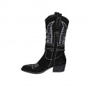 Bottes Texan pour femmes avec demi fermeture éclair, boucle avec strass et broderie blanc en daim noir talon 5 - Pointures disponibles:  32, 33, 34, 45