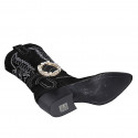 Bottes Texan pour femmes avec demi fermeture éclair, boucle avec strass et broderie blanc en daim noir talon 5 - Pointures disponibles:  32, 33, 34, 45