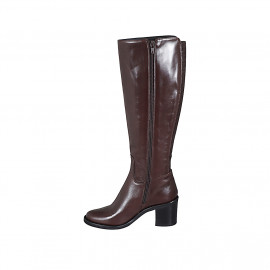 Woman's boot with elastic and zipper in brown leather heel 6 - Available sizes:  42 2