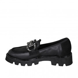 Mocassino da donna con accessorio e strass in pelle e camoscio nero tacco 4 - Misure disponibili: 32, 33, 35, 43 2