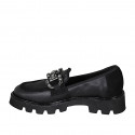 Mocassin pour femmes avec accessoire et strass en cuir et daim noir talon 4 - Pointures disponibles:  32, 33, 34, 35, 43, 45