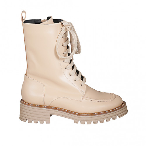 Bottines à lacets pour femmes en cuir beige avec fermeture éclair talon 4 - Pointures disponibles:  32, 33, 43