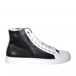 Woman's laced shoe with zipper and removable insole in black and white leather wedge heel 3 - Available sizes:  42, 43, 44, 45, 46