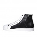 Woman's laced shoe with zipper and removable insole in black and white leather wedge heel 3 - Available sizes:  42, 43, 44, 45, 46