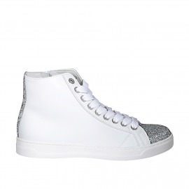 Scarpa stringata con cerniera e plantare estraibile in pelle bianca e glitterata argento zeppa 3 - Misure disponibili: 42
