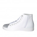 Chaussure avec lacets, fermeture éclair et semelle amovible en cuir blanc et scintillant argent talon compensé 3 - Pointures disponibles:  42