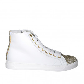 Woman's laced shoe with zipper and removable insole in white and platinum glittered leather wedge heel 3 - Available sizes:  42, 47