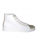 Woman's laced shoe with zipper and removable insole in white and platinum glittered leather wedge heel 3 - Available sizes:  42, 47