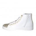 Woman's laced shoe with zipper and removable insole in white and platinum glittered leather wedge heel 3 - Available sizes:  42, 47