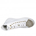 Woman's laced shoe with zipper and removable insole in white and platinum glittered leather wedge heel 3 - Available sizes:  42, 47