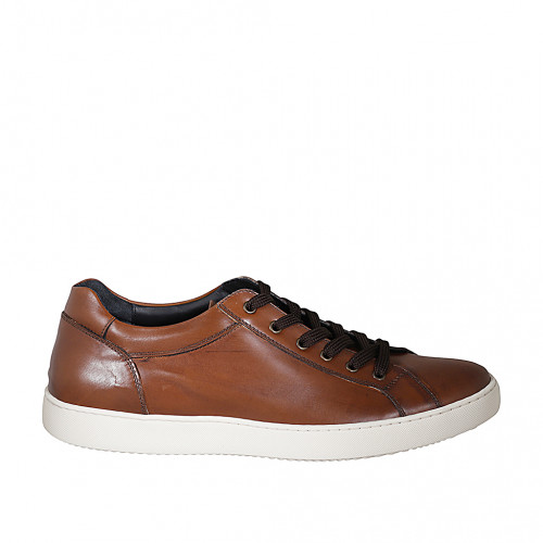 Zapato deportivo con cordones para hombres en piel color cognac - Tallas disponibles:  46, 51