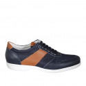 Zapato deportivo con cordones para hombre en piel azul y cognac y tejido azul - Tallas disponibles:  51