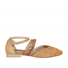 Chaussure ouverte à bout pointu pour femmes avec courroies en daim cognac et marron clair talon 1 - Pointures disponibles:  33, 34, 35, 42, 44, 45