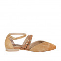 Chaussure ouverte à bout pointu pour femmes avec courroies en daim cognac et marron clair talon 1 - Pointures disponibles:  33, 34, 35, 42, 44, 45
