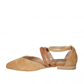 Zapato abierto puntiagudo para mujer con correas en gamuza cognac y marron claro tacon 1 - Tallas disponibles:  35 2