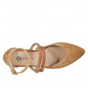 Woman's pointy open shoe with straps in cognac brown and light brown suede heel 1 - Available sizes:  33, 34, 35, 42, 44, 45