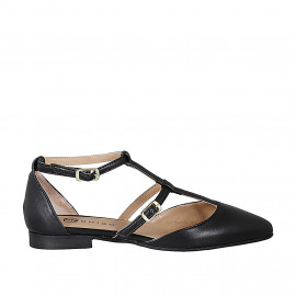 Woman's pointy open shoe with straps in black leather heel 1 - Available sizes:  35