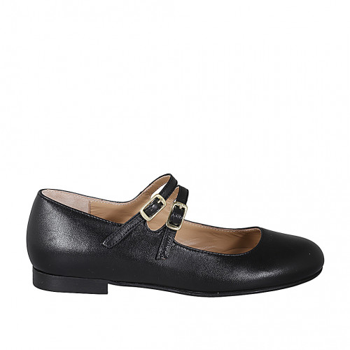 Mary Jane pour femmes avec bout rondu et deux courroies en cuir noir talon 1 - Pointures disponibles:  33, 34