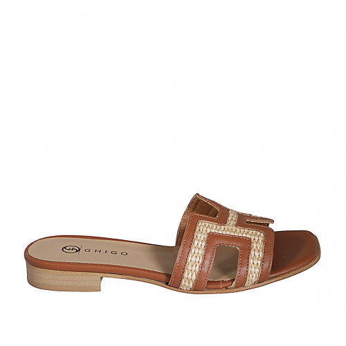 Sabo para mujer en piel cognac y rafia beis tacon 2 - Tallas disponibles:  33, 35, 42, 43