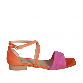 Woman's open shoe with strap in orange and fuchsia suede heel 2 - Available sizes:  32, 33, 34, 35, 42, 43, 44