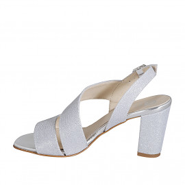 Sandalia para mujer en tejido brillante plateado tacon 7 - Tallas disponibles:  32, 35 2