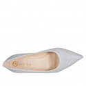Zapato a punta para mujer en tejido laminado brillante plateado tacon 5 - Tallas disponibles:  35, 44