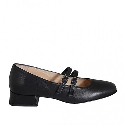 Mary Jane pour femmes avec bout rondu et deux courroies en cuir noir talon 3 - Pointures disponibles:  32, 45