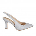 Slingback à bout pointu pour femmes en tissu laminé scintillant argent talon 7 - Pointures disponibles:  33, 35, 43, 44, 45